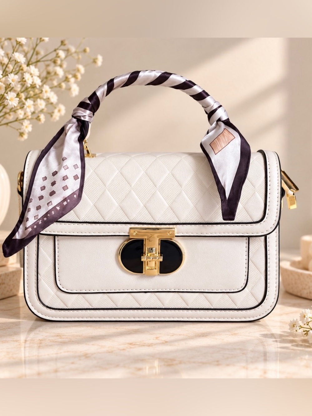 White Quilted Satchel Crossbody Handbag with Scarf Accent Handle